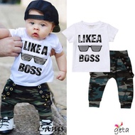 GETA-Baby Boy Set, Short Sleeve Letters Glasses T-shirt + Camouflage Long Pants Fashion Outfits