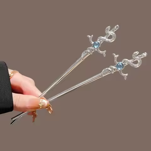 Niche-Snake Shaped Hairpin Neo Chinese Style Glitter Moonlight Stone Metal Hair Stick Girls Trendy J