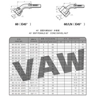 60-20-16(E45') TO 60-24-24(E45') 45'ELBOW HOSE FITTING BSP FEMALE 60'CONE SWIVEL NUT