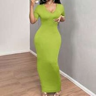 Women's Solid V-Neck Bodycon Short Sleeve Dress Hoco Dresses