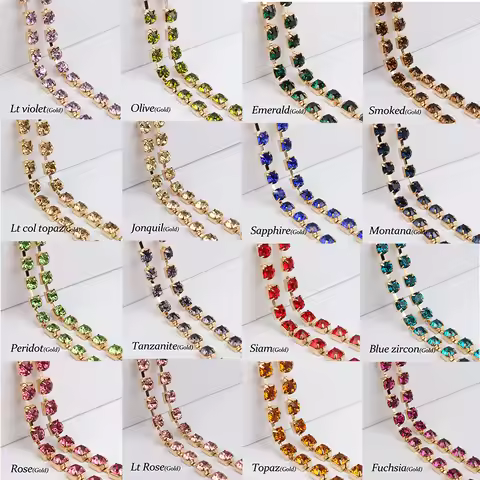 SS28 crystal rhinestone cup chain gold base 1 yard / 3 yard / 5 yard 27 colors for clothing accessor