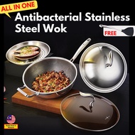 SSGP 30cm 32cm Non-stick Food Grade Antibacterial Stainless Steel Wok with Steamer Tray and Lid