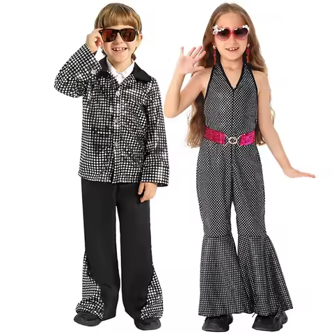 Umorden Dazzling 70s 80s Disco Boy Girl Costume Jumpsuit Bell Bottom Pants Shirts Outfit