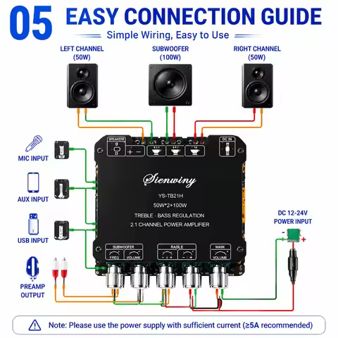2.1CH Bluetooth Amplifier Board 200W Class D 50W*2+100W Subwoofer Bass Treble USB APP MIC KTV DC12-2