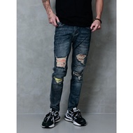 Tough Guy Style Ripped Stretch Jeans Dark Blue Denim Trousers