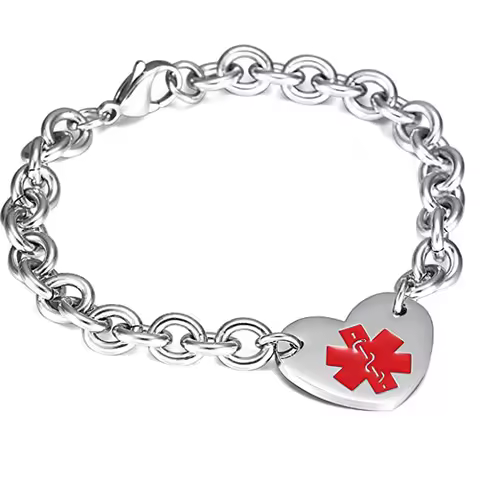 Stainless Steel Engraved Medical Alert Heart Link Chain Bracelet Medic ID Bracelet Monitoring Awaren
