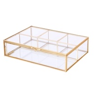 Golden Vintage Glass Box Clear Glass & Brass Metal Storage Jewelry and Cosmetic Makeup Case Holder O