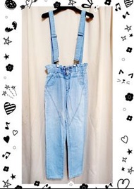 韓版專櫃淺藍色伸縮腰帶造型牛仔吊帶褲