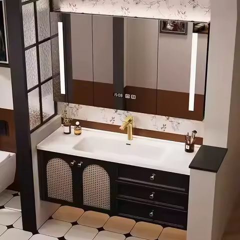 French retro rattan oak bathroom cabinet combination ceramic basin sink sink bathroom cabinet