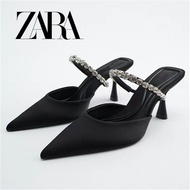 Zara Women's Shoes Black Satin Rhinestone Shiny High Heel Pointed Toe Back Empty Mules