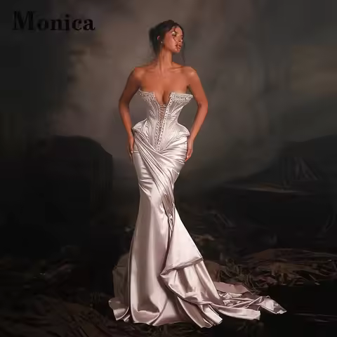 MONICA Classic Mermaid Evening Dresses for Women Rhinestones Corset Ruched Chapel Train Prom Dress R
