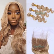 8A Pre Plucked 4x4 Lace Closure With 3 Bundles #27 Honey Blonde Brazilian Virgin Human Hair Body Wav