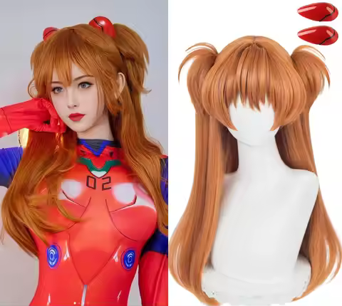 EVA Asuka Langley Soryu Long Synthetic Hair Orange Heat Resistant Cosplay Costume Wig + Wig Cap + 2