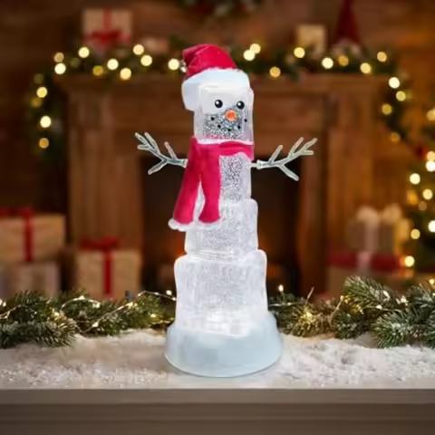 Ice Cube Snowman Snow Globe 13.5"H LED Lighted Spinning Glitter Water Decoration Battery Operated Ch