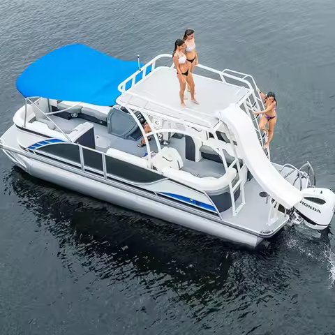 Customized 36FT Double Decker Luxury Aluminium Pontoon Boat With Water Slide Outboard Engine Aluminu