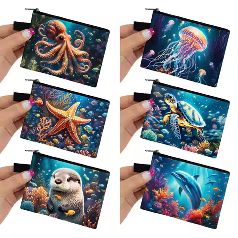 Sea Animal Otter Print Coin Bag Octopus Dolphin Jellyfish Turtle Seal Starfish Coin Purse Card Key E