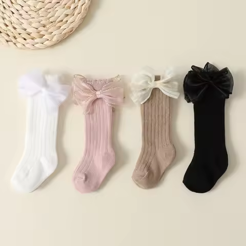 4 Pairs a Lot MILANCEL New Autumn Baby Girls Socks 0-2Y Infant Bow Solid Color Mid-tube Socks Baby A