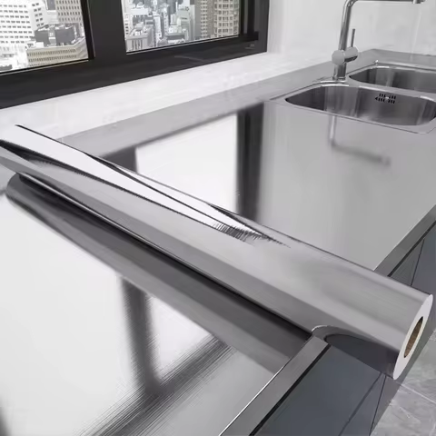 Brushed Silver Stainless Steel PVC Vinyl Film Waterproof & Oil-Proof Removable Wallpaper Sticker for
