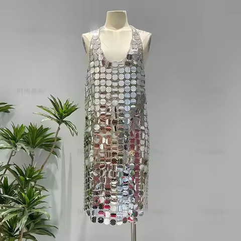 Hotwift Polk Dot Sequines Dress 2023 New Fashion Summer Women Y2K Night Club Topic Party Silver Back
