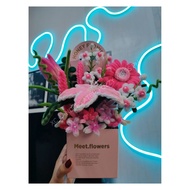 HANDMADE FUZZY WIRE FLOWER BOX WITH HANDLE ARRANGEMENT