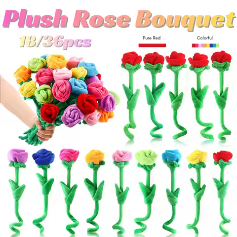18/36PCS Bendy Plush Rose Flower Fabric Flower Bouquets Toys for Valentine's Day Wedding Class Rewar