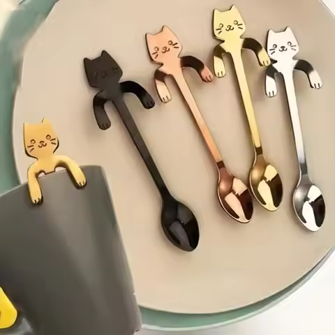 1pc Dessert Snack Scoop Ice Cream Mini Spoons Tableware Stainless Steel Coffee Spoon Lovely Cute Cat