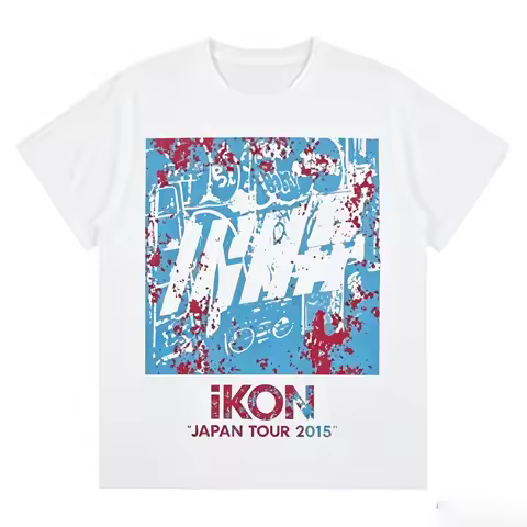 Vintage iKON Concert Tour T Shirt Retro Blue Red Graffiti Print Kpop Fan Casual Streetwear Top