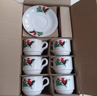 GELAS CANTIK CANGKIR SET AYAM JAGO 6 CANGKIR + 6 TATAKAN / SET CANGKIR KOPI TEH KERAMIK