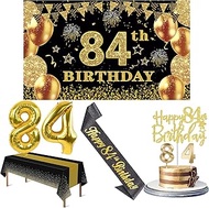 84th Birthday Decorations Men Women with 84th Birthday Banner, Black and Gold Table Cloth, 84 Number