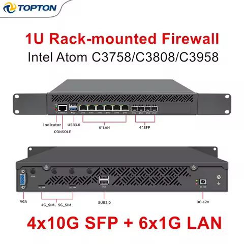 1U-6L4S Rackmount Firewall Router Mini PC Intel Atom C3758/C3808/C3958, 4x 10G SFP+ & 6x 1G LAN, pfS