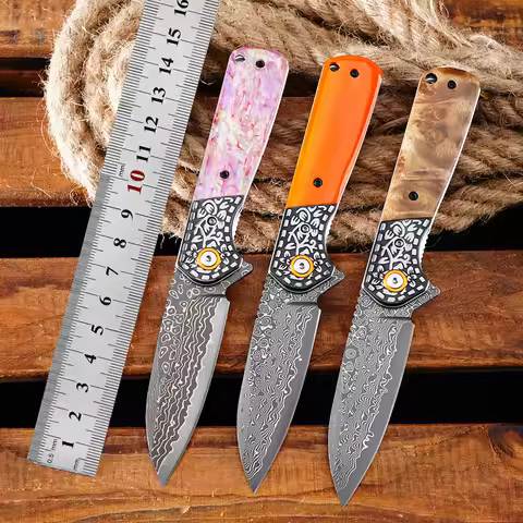 New Brass Damascus Folding Knife 59HRC Pink Colored Shell Outdoor Multipurpose Survival Camping Pock