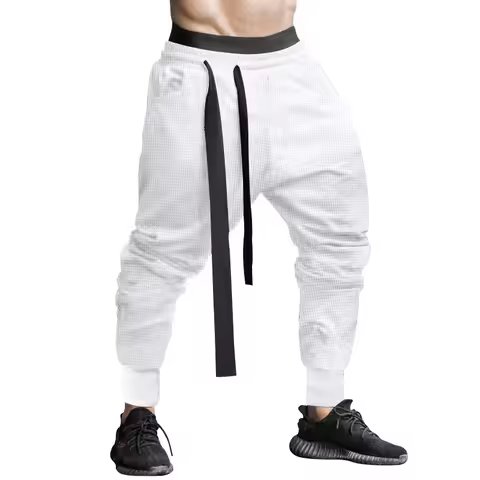 Men's Spring Summer Waffle Knit Jogger Pants Drop Crotch Streetwear Casual Trousers