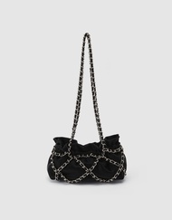 URBAN REVIVO Womens Fashion  Chain Ruched Shoulder Bag Crossbody Casual Bag With Chain Black Medium