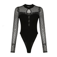 FabGirls Sensual Hollow out Long Sleeve Bodysuit Waterdrop Mesh Splicing Slimming Top for Young Wome