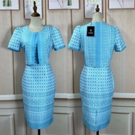 Blue Thai Dress Pattern Work Clothes Fabric Split Vest Style 2 Pieces Beautiful (Label Work)
