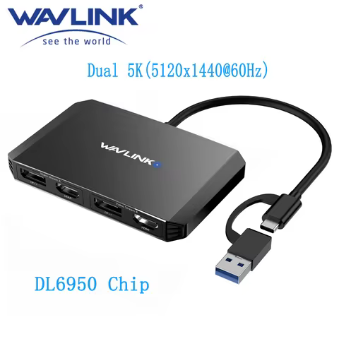 WAVLINK USB C to DisplayPort and HDMI Adapter Dual 5K(5120x1440)@60Hz Monitor Hub Displaylink 6950 C
