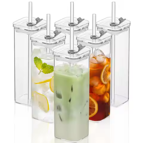 1/6 Sets Square Drinking Glass Cups with Lids & Straws, 12 Oz Clear Highball Glasses for Cocktail, I