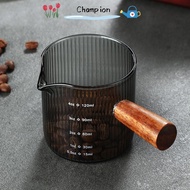 CHAMPIONO Milk Cup, Glass Vertical Grain Espresso Cup, Easy to Clean with Wood Handle High Quality Gray Measuring Cup Milk Espresso Shot