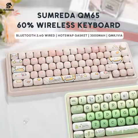 SUMREDA R65 QM65 Pink Cute Wireless Mechanical Keyboard Gaming 60% Bluetooth 2.4G Wired RGB Hotswap 