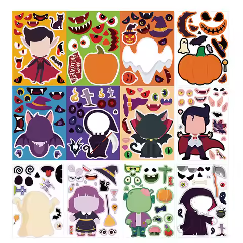 6/12/24Sheets Funny Puzzle Stickers For Kids DIY Your Own Halloween Facial Expression Assemble Stick