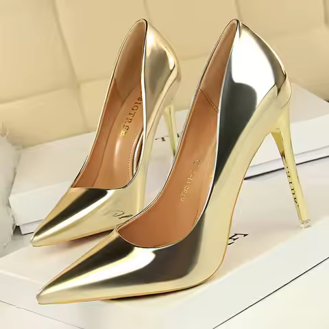 Women Patent Leather Pumps 7.5cm 10.5cm High Heels Lady Stiletto Low Heels Wedding Bridal Mteallic S