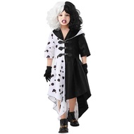 Kids Girls Cruella Deville Costume Black Dalmatian Dress Girls Halloween Cosplay Party Dress Up 6-12