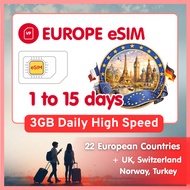 Europe eSIM Travel SIM– 3GB Daily High Speed + Unlimited. 22 Countries + UK, Switzerland, Norway, Tu