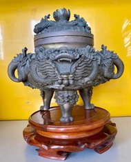 銅三足爐 九轉亁坤 頂部雙龍搶珠 大明宣德年鋳