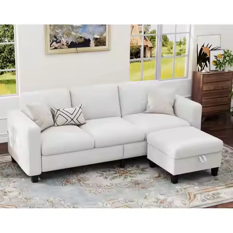 Couches for Living Room Convertible L Shaped Couch with Storage Ottoman Modern Linen White Sofa 3 Se