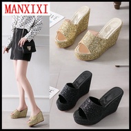 MANXIXI Brand Korean Version Wedge Sandals Shining Slippers High Heels 4.53 Inches Shoes For Women (