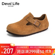 Devo Life的沃软木鞋女休闲反绒平底复古单鞋圆头单鞋复古情侣鞋66008 黄棕反绒牛皮 36