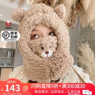 viney帽子冬季女保暖小熊一体帽冬天骑车加厚防风防寒保暖护耳帽毛绒帽 棕色