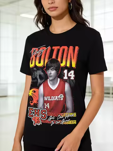 Loose Fit High Quality Cotton High School Musical T Shirt Troy Bolton Red Wildcats Jersey Basketball