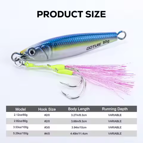 Goture 5pcs Metal Jig 60g 80g 100g 150g Durable Glow in Dark Bionic Hard Bait,Realistic Design - Per